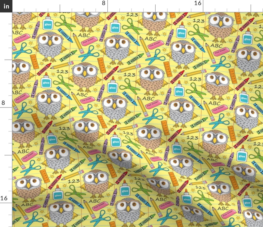 large owls at school on yellow