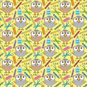 small owls at school on yellow