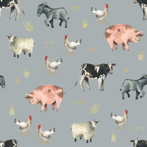 Gentle Farm Animals on Grey Blue - Larger Scale