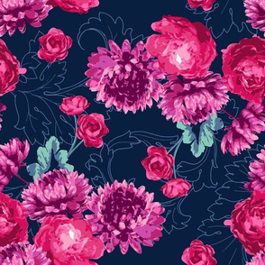 Acanthus Dream - Magenta and Navy Floral