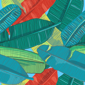 Beautiful and colorful hand drawn hawaiian tropical palm and banana leaves seamless pattern