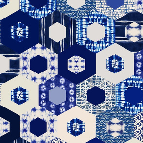 Batik Tie Dye Faux Hexagon Indigo Quilt - Large scale