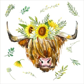 Highland Cow with a Sunflower Garland and scattered florals - 6 loveys 