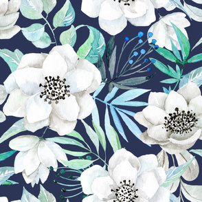 White Watercolor Flowers on dark blue - extra large scale