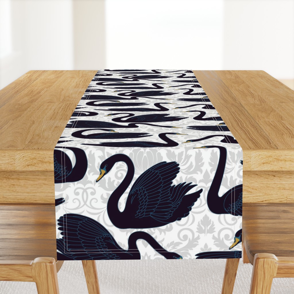 Black Swans On Silver Damask