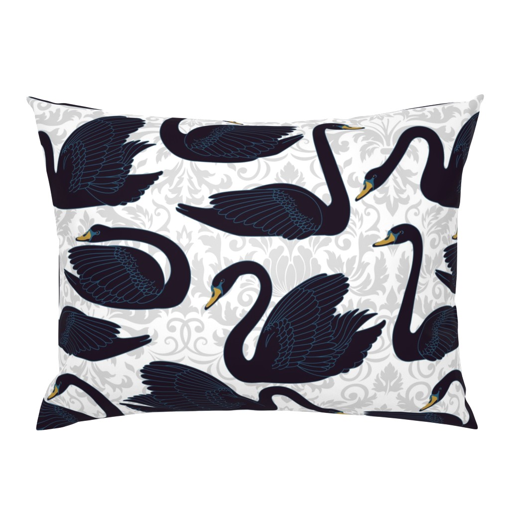 Black Swans On Silver Damask