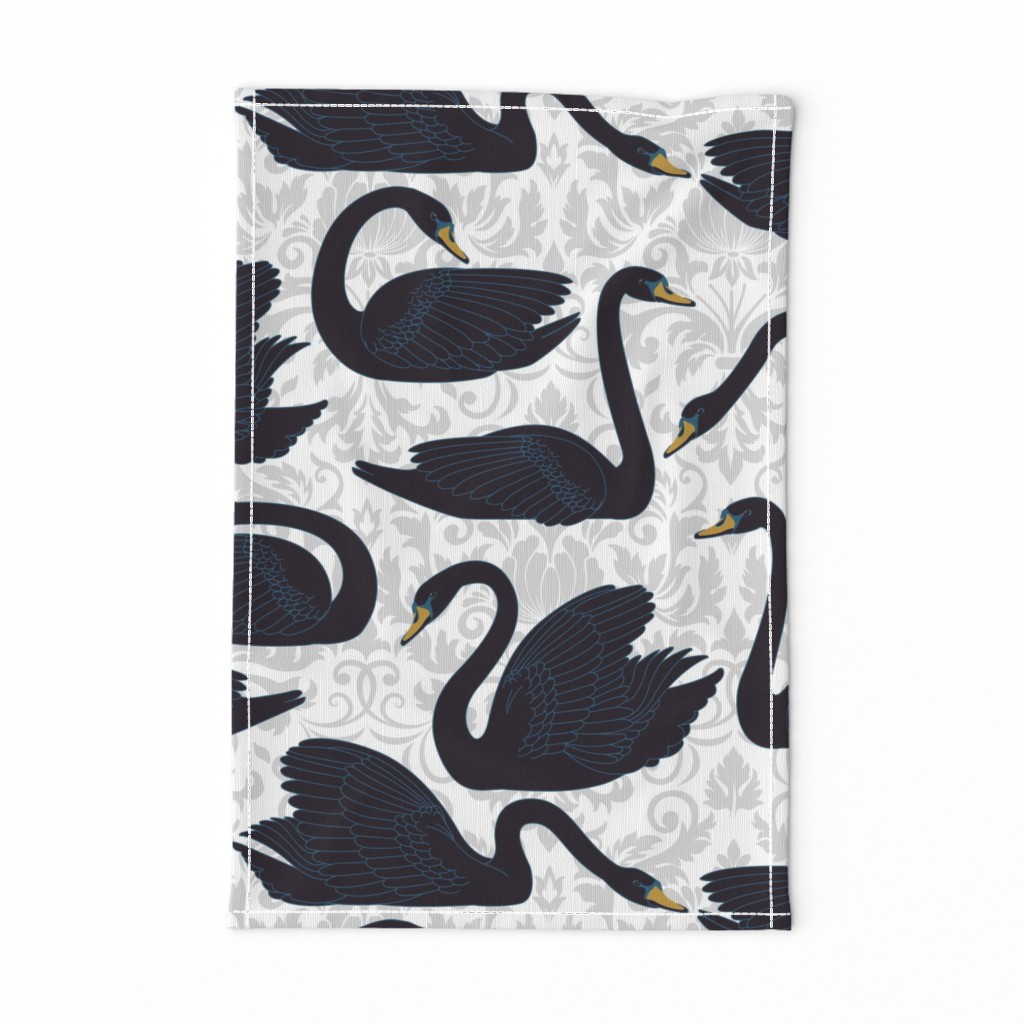 Black Swans On Silver Damask