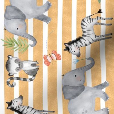 Jungle Animals - Elephant, Zebra, Lemur (butterscotch stripe) 12" repeat ROTATED