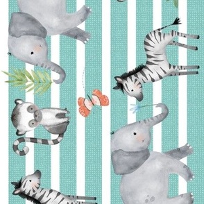 Jungle Animals - Elephant, Zebra, Lemur (cool breeze stripe) 12" repeat ROTATED