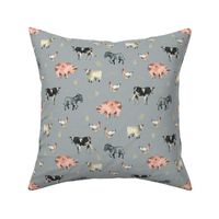 Gentle Farm Animals on Blue-Grey - Smaller Scale