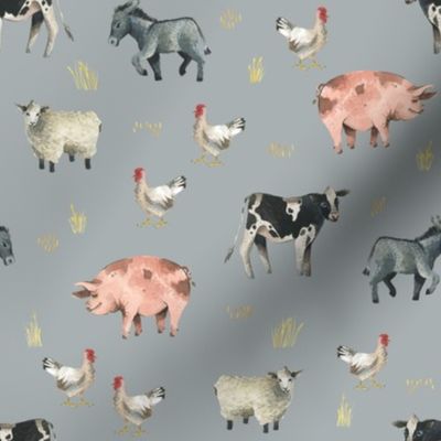 Gentle Farm Animals on Blue-Grey - Smaller Scale