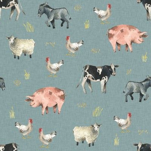 Gentle Farm Animals on Blue Linen - Smaller Scale