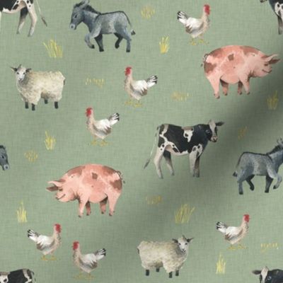 Gentle Farm Animals on Green Linen - Smaller Scale