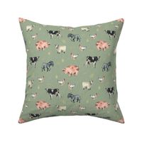 Gentle Farm Animals on Green Linen - Smaller Scale