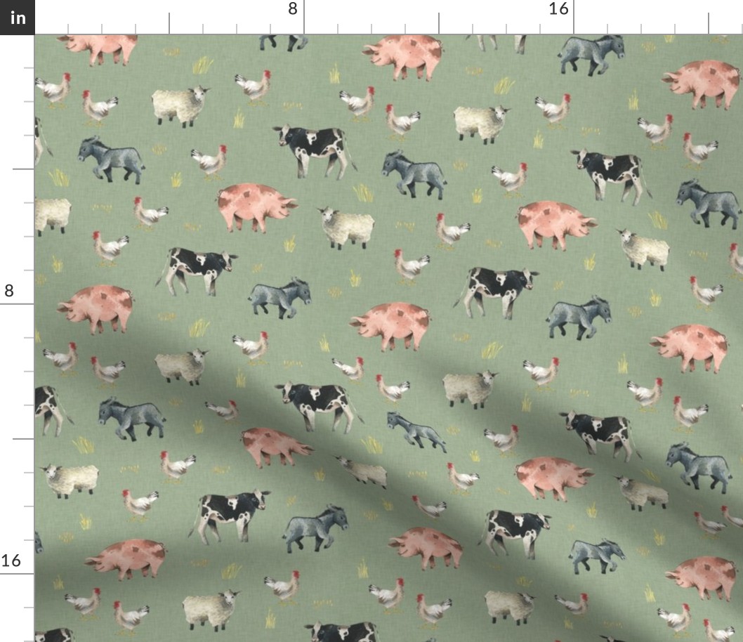 Gentle Farm Animals on Green Linen - Smaller Scale