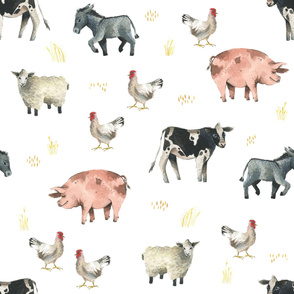 Gentle Farm Animals on White with Wheat - Larger Scale