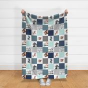 Woodland Critters Patchwork Quilt (NO WORDS) Bear Moose Fox Raccoon Wolf, Navy & Crystal Mint Design GingerLous, ROTATED