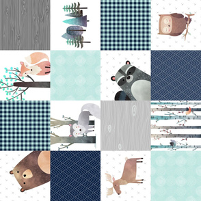 Woodland Critters Patchwork Quilt (NO WORDS) Bear Moose Fox Raccoon Wolf, Navy & Crystal Mint Design GingerLous, ROTATED