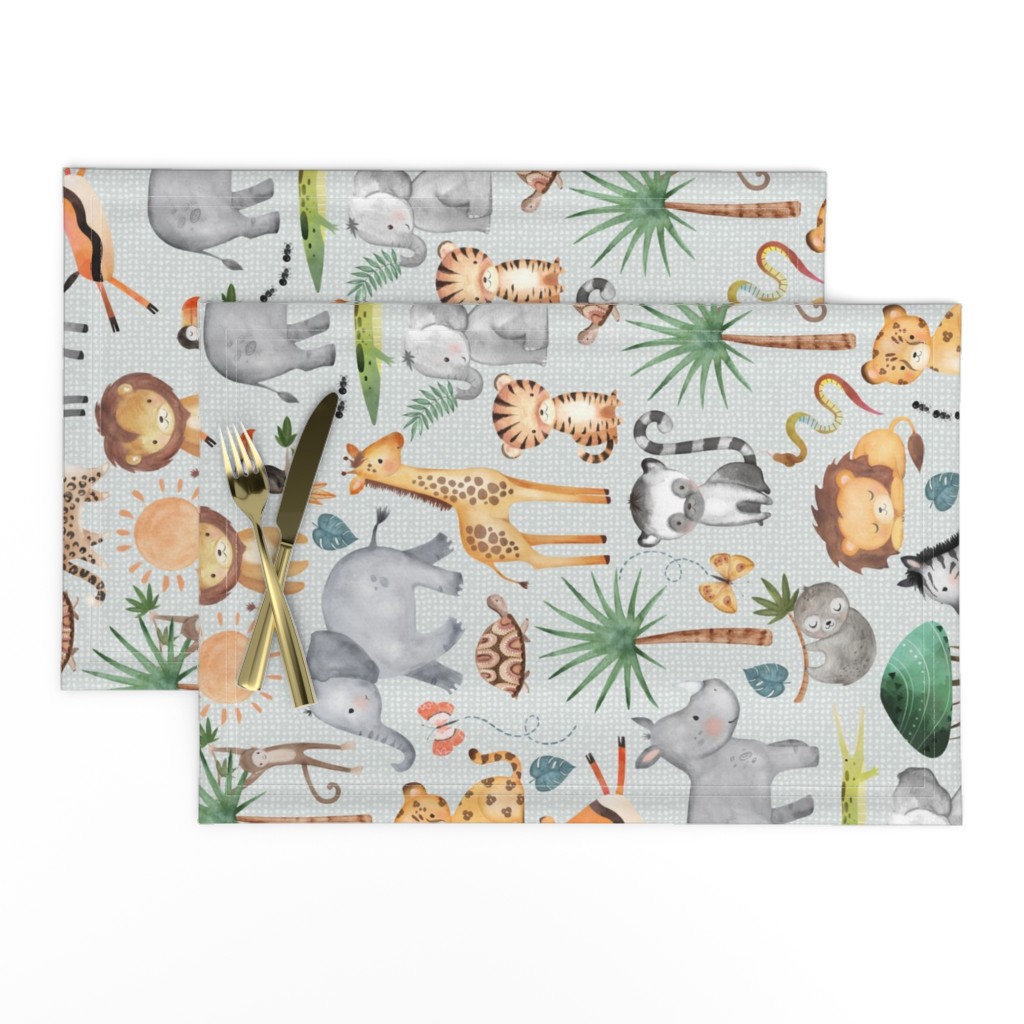 Wild Safari Animals (soft frost) Jungle Animals Nursery Bedding, Lion Elephant Giraffe Zebra Rhino Cheetah  // It's a Jungle collection, rotated