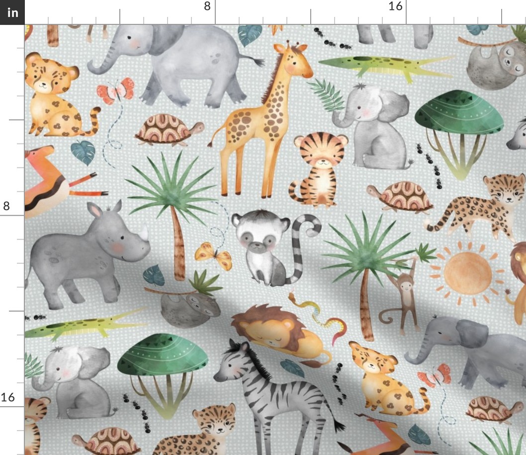 Wild Safari Animals (soft frost) Jungle Animals Nursery Bedding, Lion Elephant Giraffe Zebra Rhino Cheetah  // It's a Jungle collection