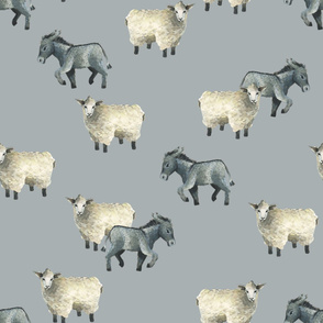 Gentle Sheep and Donkeys - Larger on Blue-Grey 