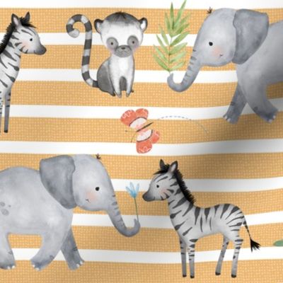 Jungle Animals - Elephant, Zebra, Lemur (butterscotch stripe) 12" repeat