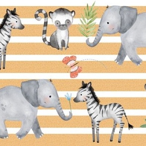 Jungle Animals - Elephant, Zebra, Lemur (butterscotch stripe) 12" repeat