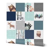 Woodland Critters Patchwork Quilt (NO WORDS) Bear Moose Fox Raccoon Wolf, Navy & Crystal Mint Design GingerLous