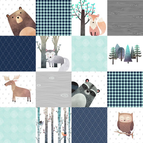 Woodland Critters Patchwork Quilt (NO WORDS) Bear Moose Fox Raccoon Wolf, Navy & Crystal Mint Design GingerLous