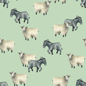 Gentle Sheep and Donkeys - Medium on Pale Green