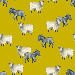 Gentle Sheep and Donkeys - Larger on Gold