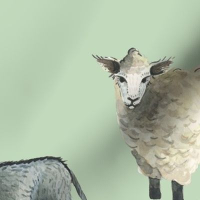 Gentle Sheep and Donkeys - Larger on Pale Green