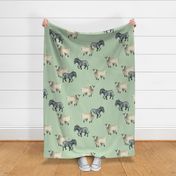 Gentle Sheep and Donkeys - Larger on Pale Green