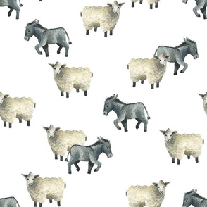 Gentle Sheep and Donkeys - Medium on White