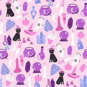 pastel witch fabric - cute pastel halloween design -pink