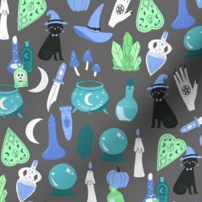 pastel witch fabric - cute pastel halloween design - charcoal