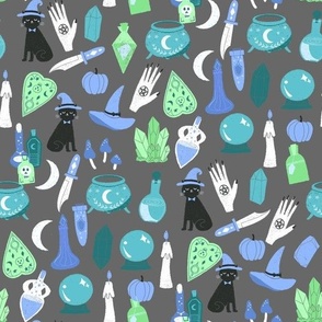 pastel witch fabric - cute pastel halloween design - charcoal