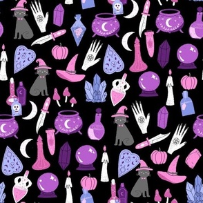 pastel witch fabric - cute pastel halloween design - black/pink