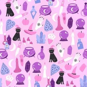 SMALL pastel witch fabric - cute pastel halloween design - lilac