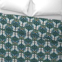 Dancing White Swans at Dawn, folk art florals and flowers, botanical leave, green blue