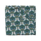 Dancing White Swans at Dawn, folk art florals and flowers, botanical leave, green blue