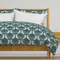 Dancing White Swans at Dawn, folk art florals and flowers, botanical leave, green blue