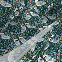 Dancing White Swans at Dawn, folk art florals and flowers, botanical leave, green blue