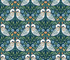 Dancing White Swans at Dawn, folk art florals and flowers, botanical leave, green blue