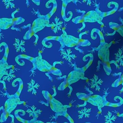 Bright blue and green geckos on blue small