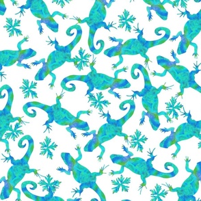 Bright blue and green geckos on white large