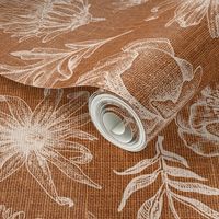 medium // linen look Bone on Copper Woven Flowers Leaves and Bees