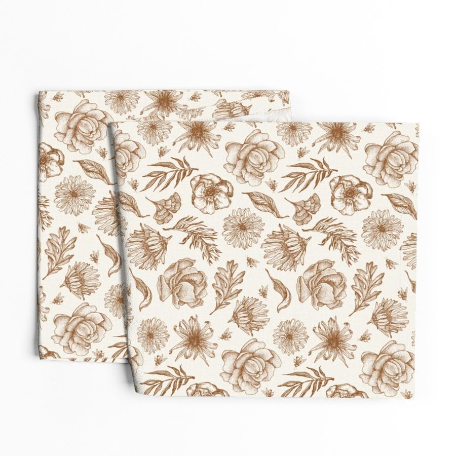 medium // linen look Copper on Bone Woven Flowers Leaves and Bees