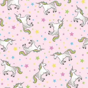 Rainbow Unicorns and Stars, scattered on cherry blossom – medium scale