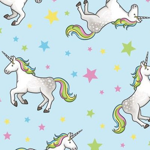 Rainbow Unicorns and Stars, scattered on light blue – large scale